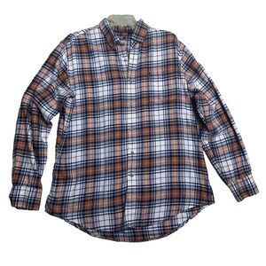 IZOD Mens Large Plaid Flannel Shirt Button Down Blue Orange Cotton Blend Pre-Own